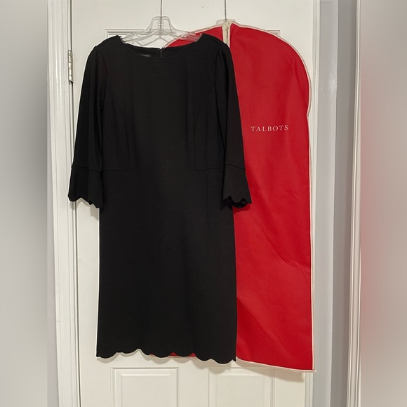 Talbots LBD black sheath dress back zip w/ scallop bell sleeve W/ Garment Bag! - Picture 9 of 9